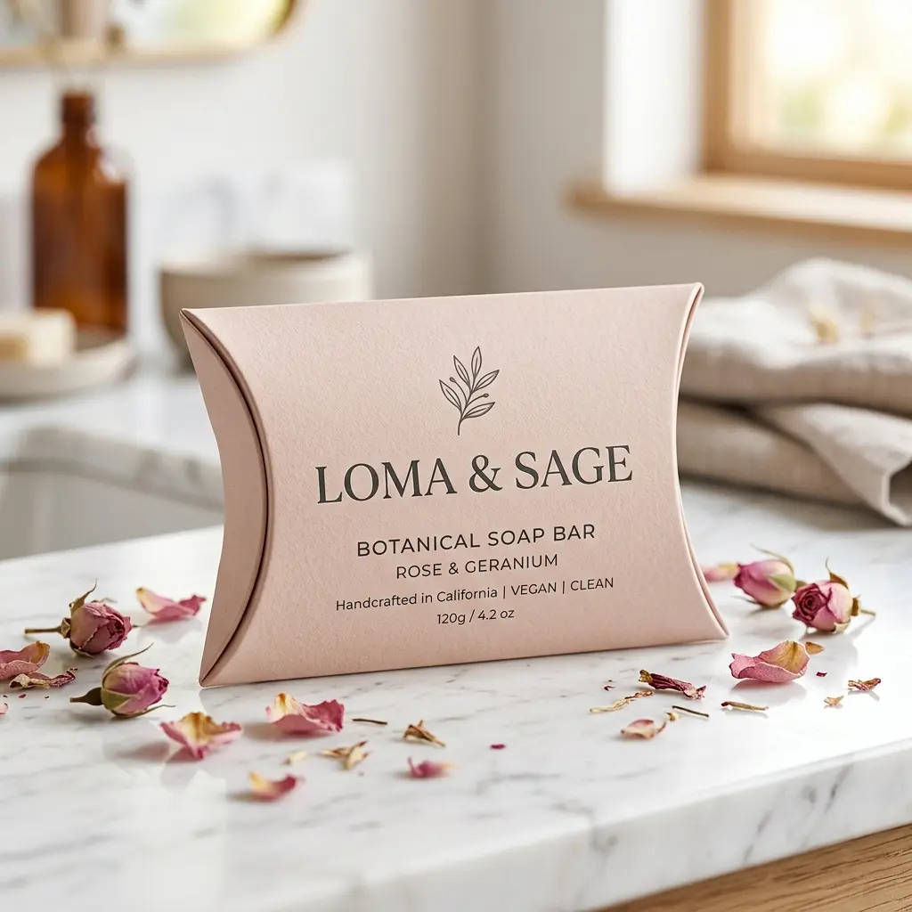 Rose gold pillow box packaging for Loma & Sage botanical soap bar surrounded by dried rose petals on white marble surface