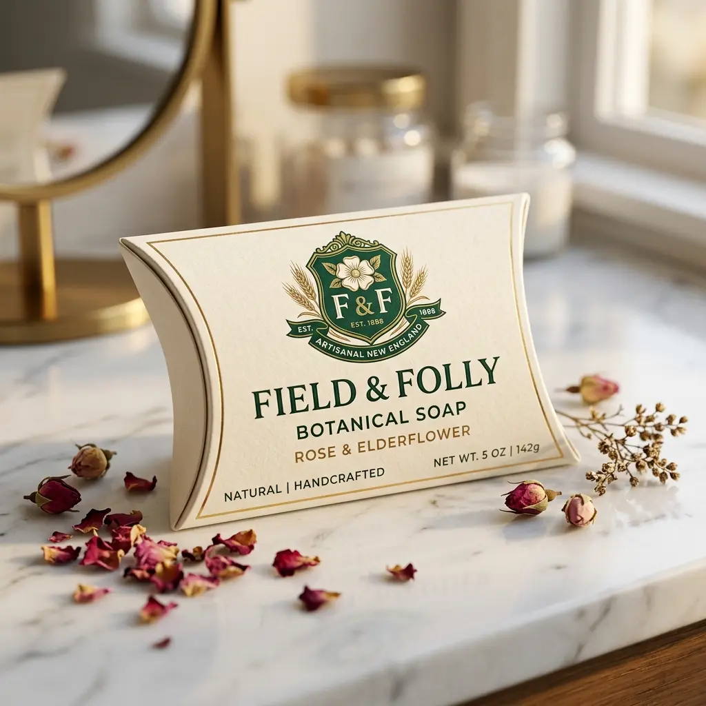 Elegant Field & Folly botanical soap packaging with rose elderflower scent on marble surface with dried rose petals and gold mirror