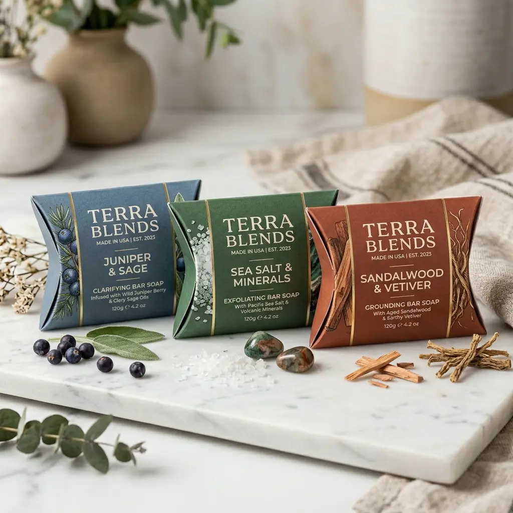 Three Terra Blends natural bar soaps in blue, green, and brown packaging on marble surface with botanical ingredients and neutral decor