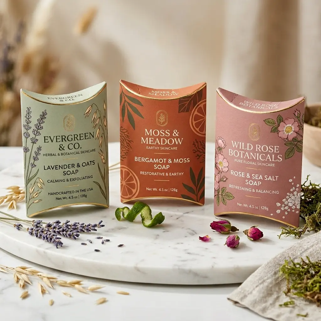Three artisanal soap packages in sage green, terracotta orange, and dusty pink on marble tray with lavender, rose petals, and botanical ingredients...