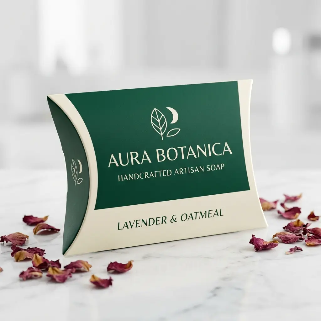 Green and cream pillow box packaging for Aura Botanica lavender oatmeal handcrafted artisan soap surrounded by dried rose petals