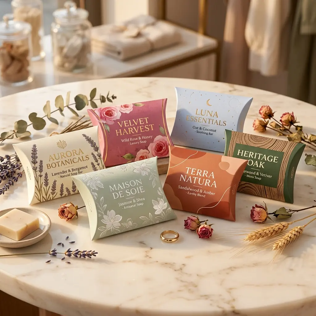 Luxury soap packaging collection featuring natural botanical designs on marble surface with dried flowers and lavender sprigs