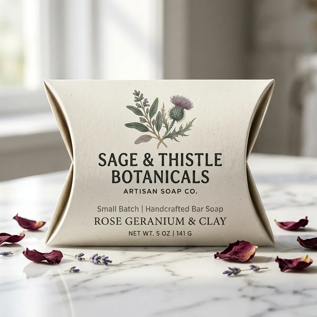 Sage & Thistle Botanicals handcrafted soap packaging box in cream with botanical design, surrounded by rose petals on marble surface