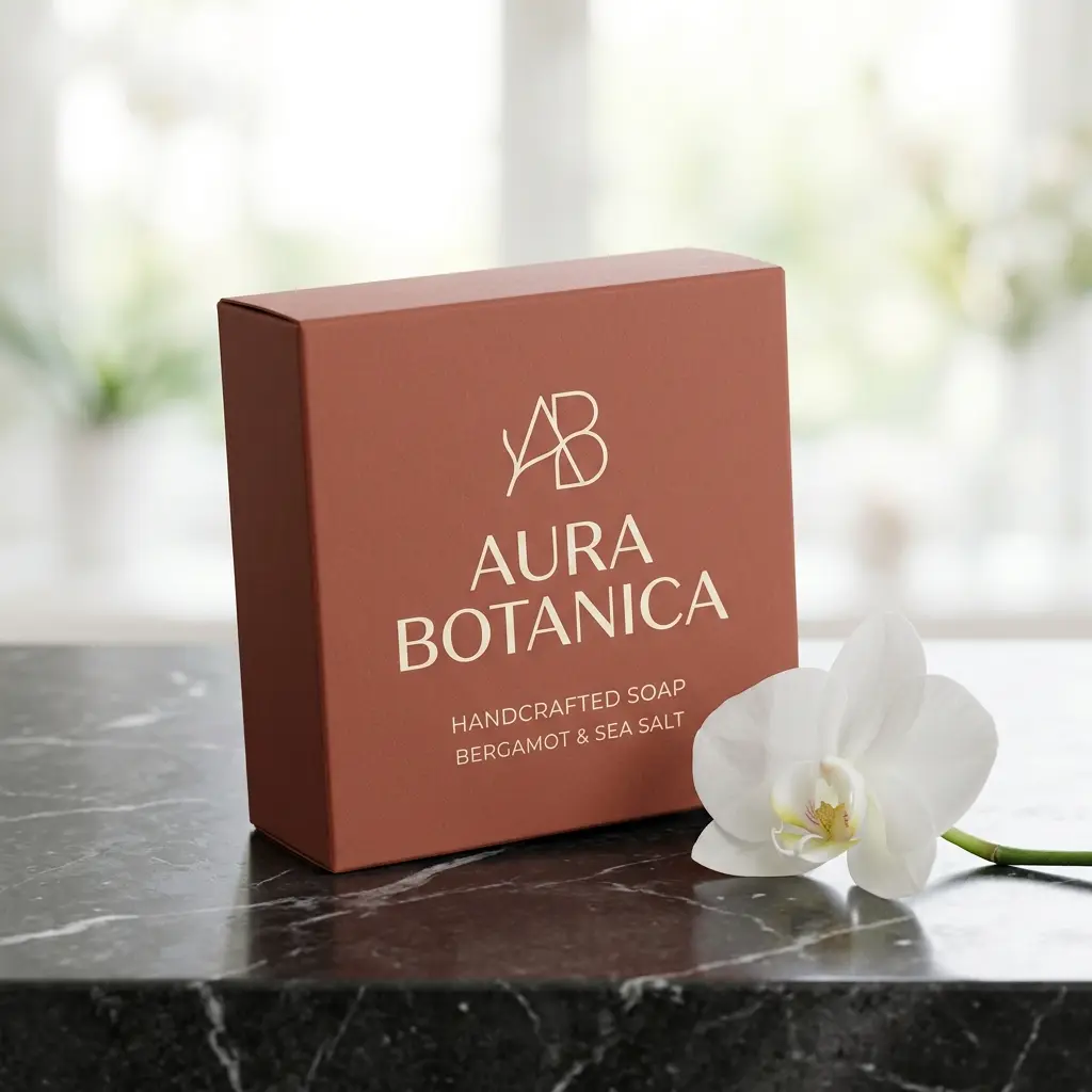 Aura Botanica terracotta handcrafted soap box with bergamot sea salt on black marble surface beside white orchid flower