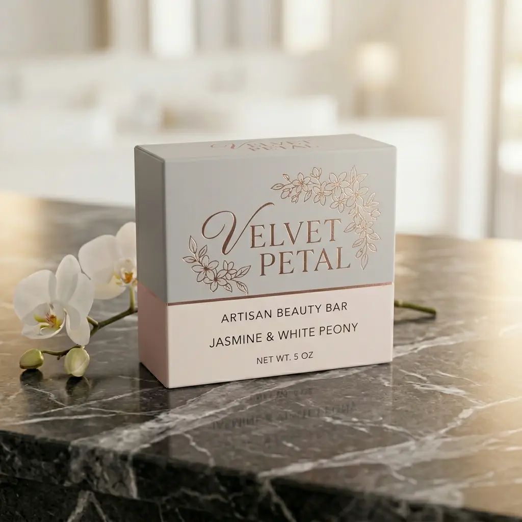 Velvet Petal artisan beauty bar soap packaging in elegant white and rose gold design on marble surface with orchid flowers