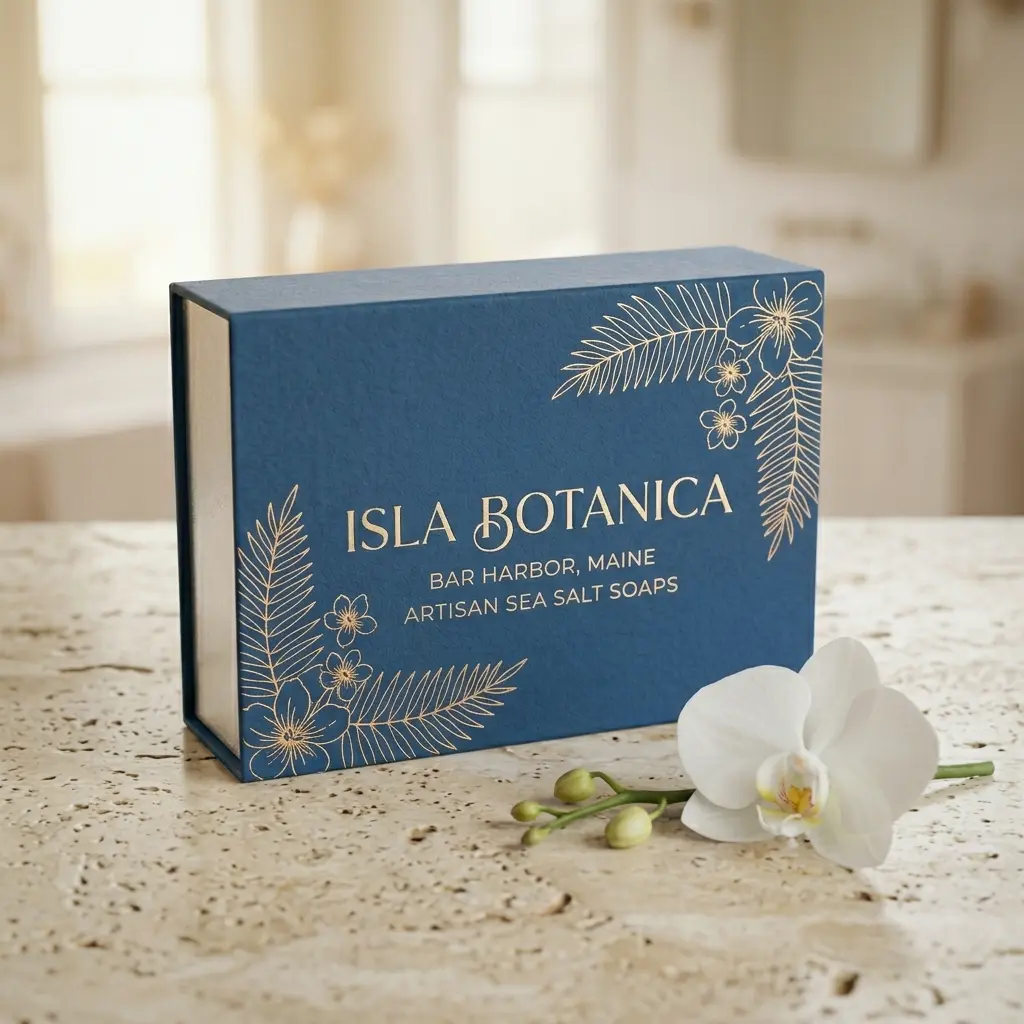 Elegant blue packaging box for Isla Botanica artisan sea salt soaps from Bar Harbor Maine with gold botanical design and white orchid