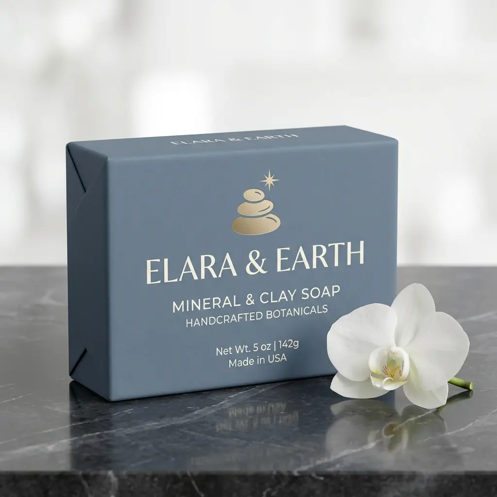 Elara & Earth mineral clay soap packaging box in slate blue with gold logo next to white orchid on marble surface