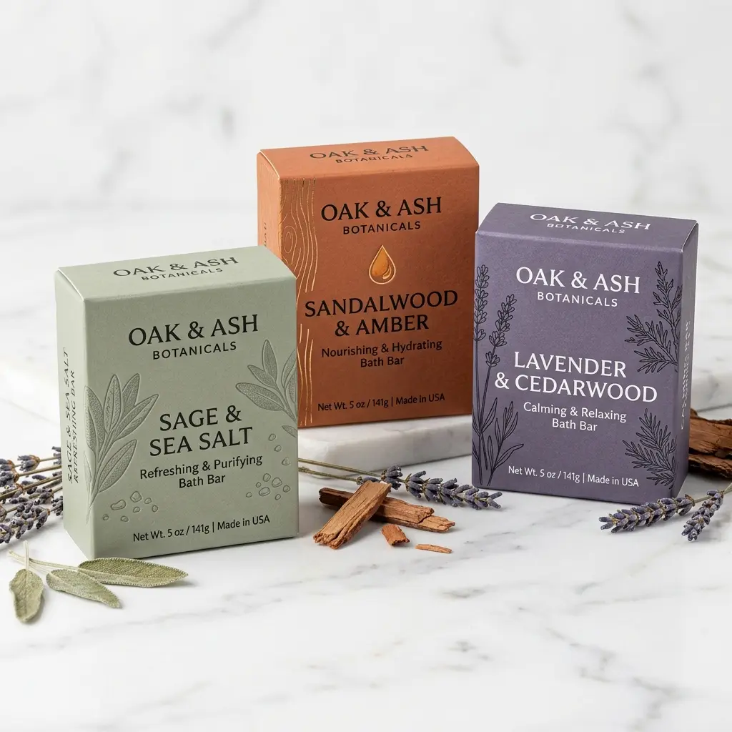 Three Oak & Ash Botanicals bath bar soap boxes in sage green, amber orange, and lavender purple on white marble surface with dried herbs and wood p...