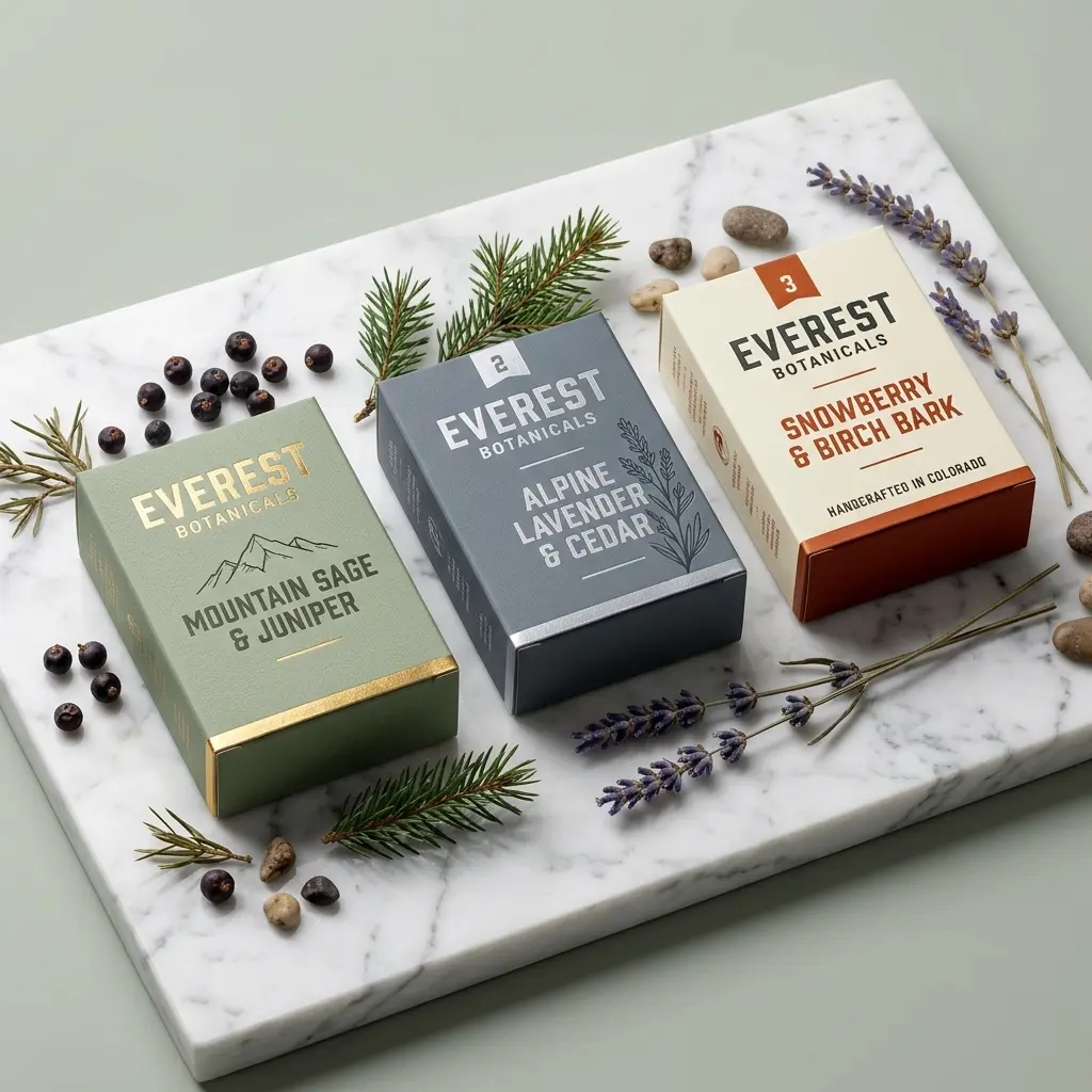 Three Everest Botanicals soap boxes on marble tray with lavender, juniper berries, pine branches - natural skincare packaging design