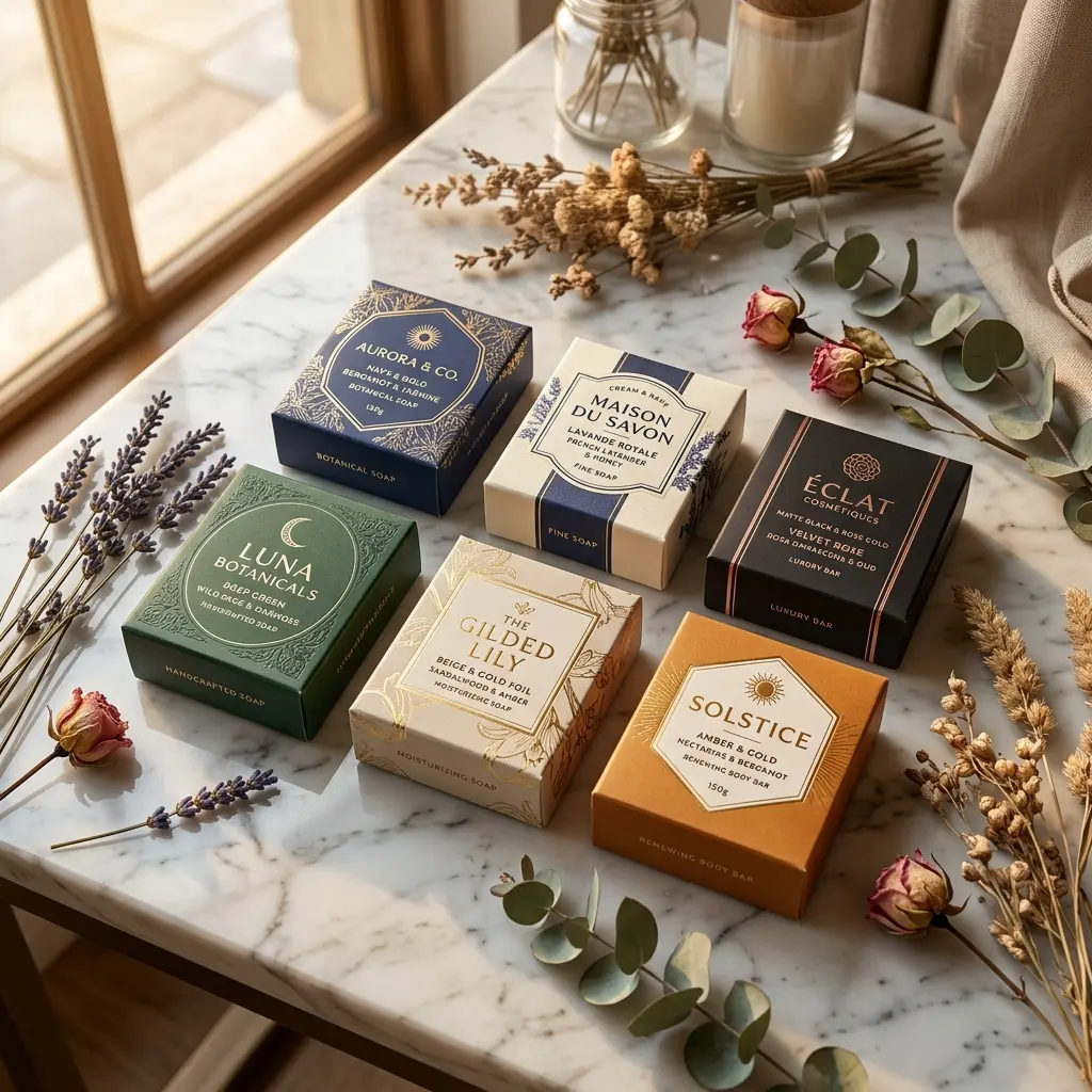 Luxury artisan soap packaging boxes arranged on marble table with dried flowers, eucalyptus, and natural botanicals in warm sunlight