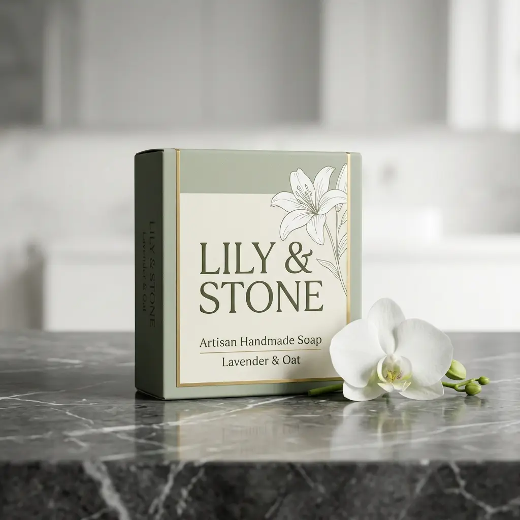 Lily & Stone artisan handmade lavender oat soap box with elegant lily design on marble surface beside white orchid