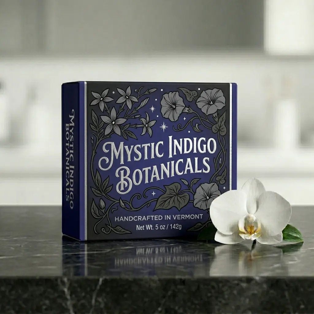Mystic Indigo Botanicals handcrafted Vermont soap packaging with floral design on marble counter beside white orchid flower