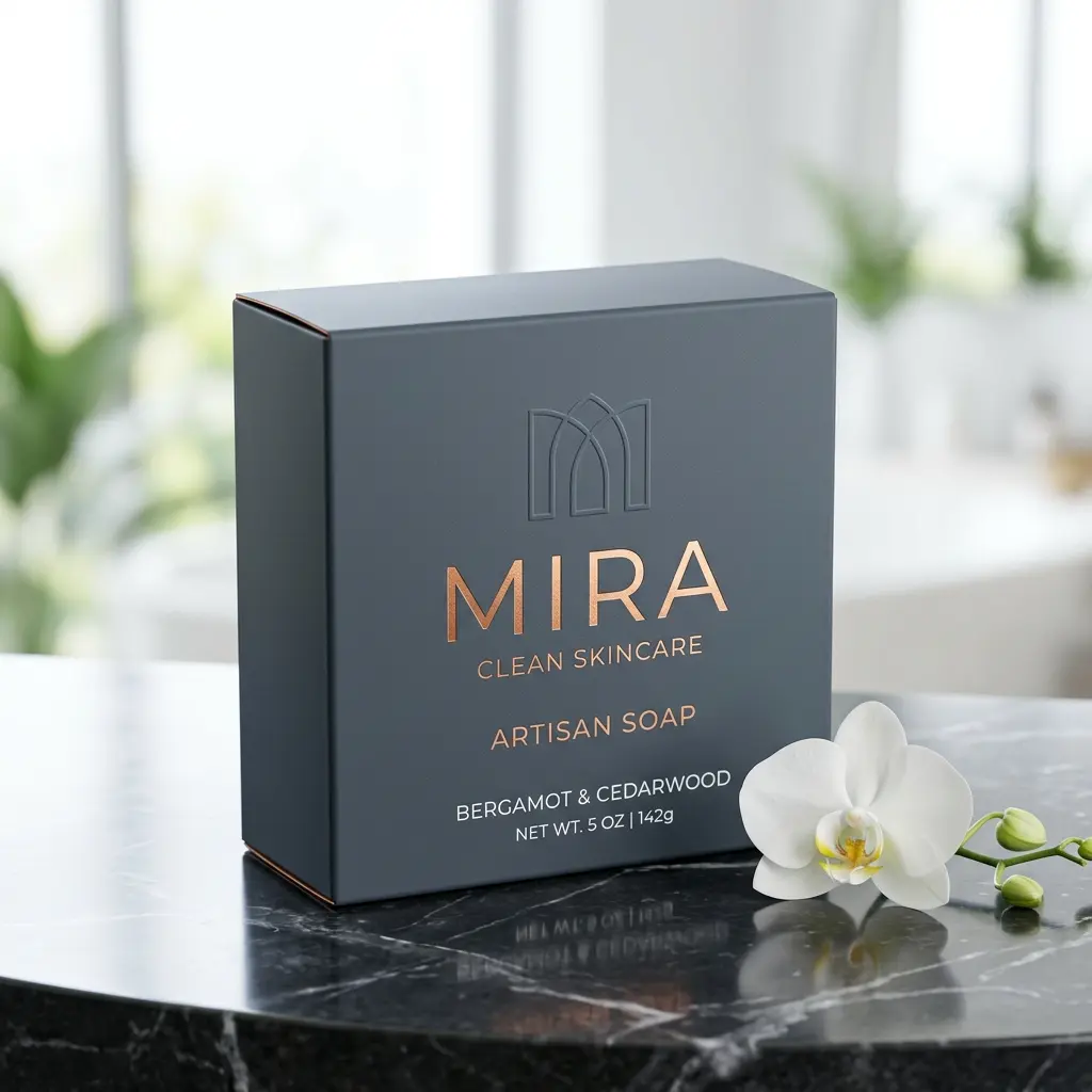 Luxury MIRA Clean Skincare artisan soap box in charcoal gray with copper foil text on marble surface with white orchid
