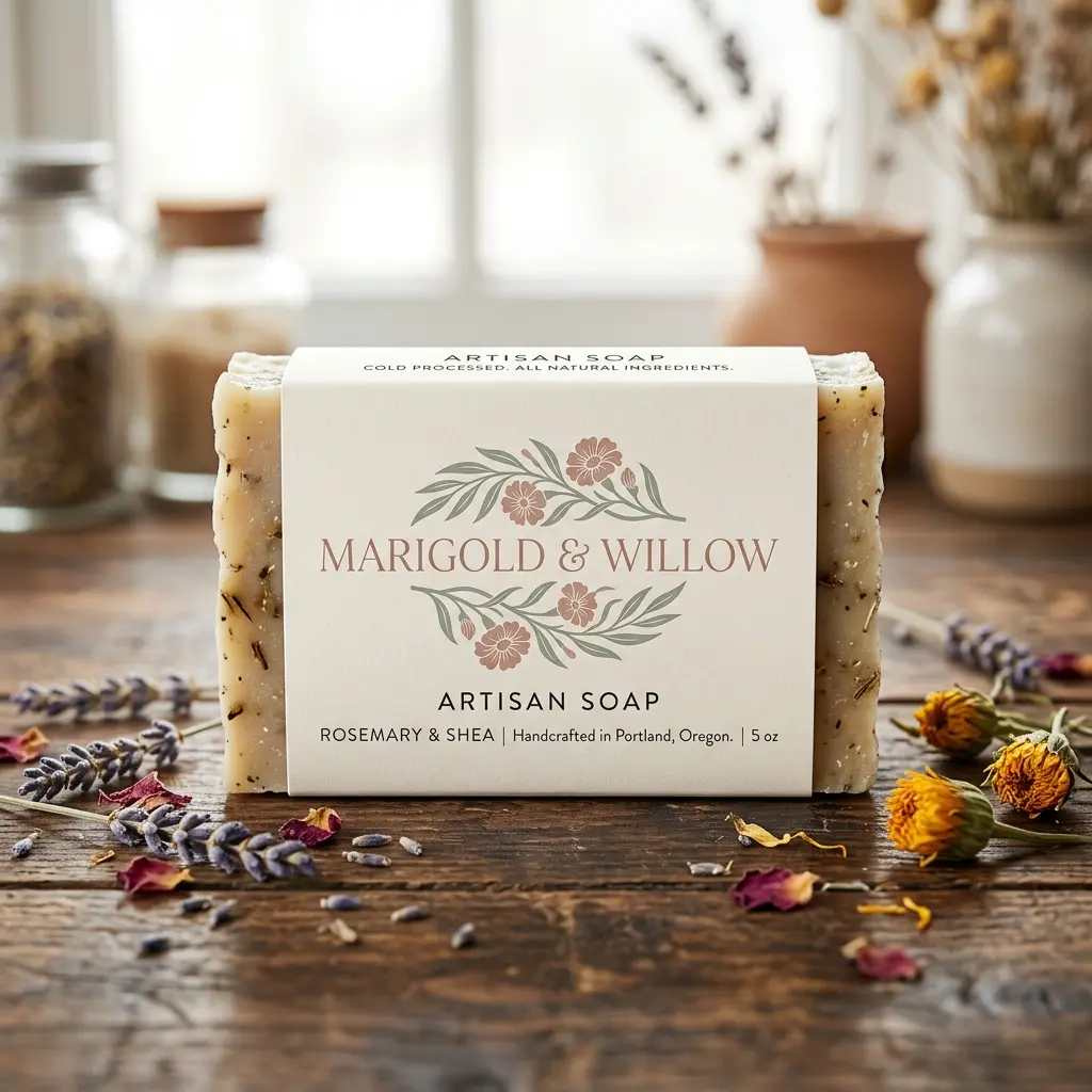 Marigold & Willow artisan soap bar with floral packaging on rustic wooden surface surrounded by dried lavender and marigold flowers