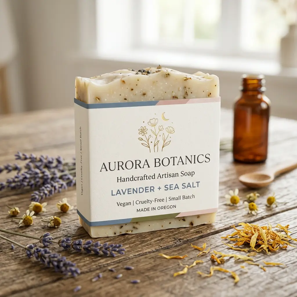 Aurora Botanics lavender sea salt handcrafted artisan soap bar with botanical ingredients on rustic wooden surface
