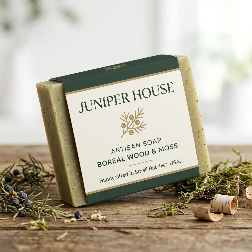 Juniper House artisan soap bar with boreal wood and moss scent on rustic wooden surface with green juniper berries and moss