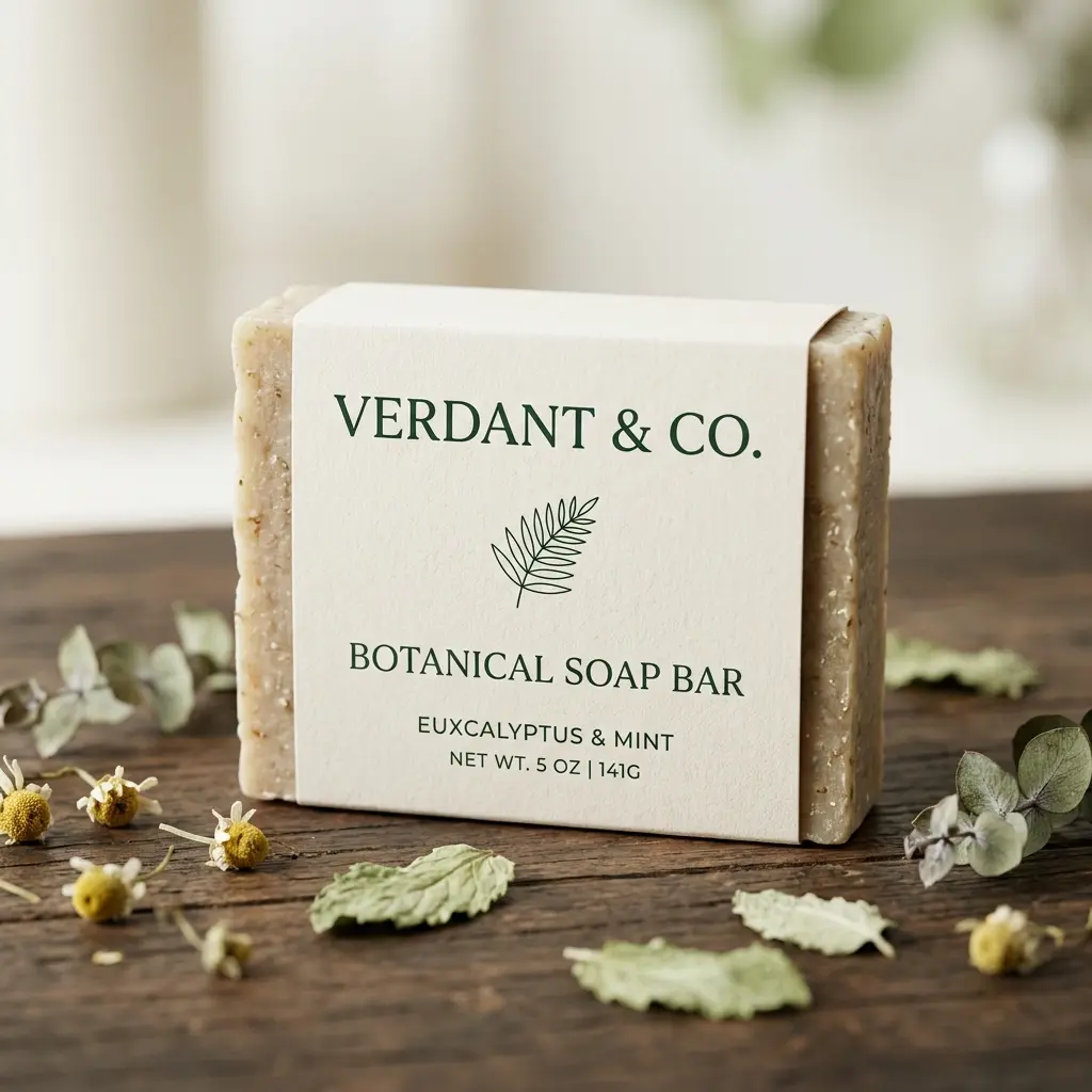 Natural botanical soap bar packaging on rustic wooden surface with eucalyptus leaves and dried flowers, eco-friendly product design