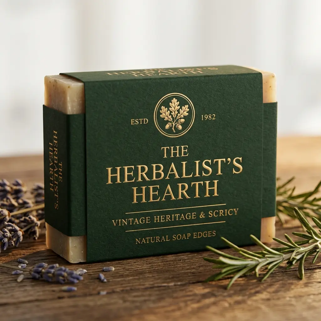 Green vintage heritage natural soap packaging with gold text displayed on rustic wood surface with lavender sprigs and rosemary herbs