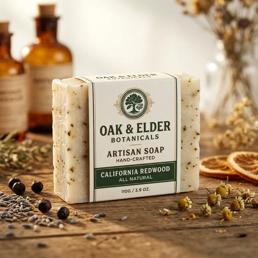 Oak & Elder Botanicals California Redwood artisan soap bar with natural ingredients on rustic wooden surface with amber bottles and dried flowers
