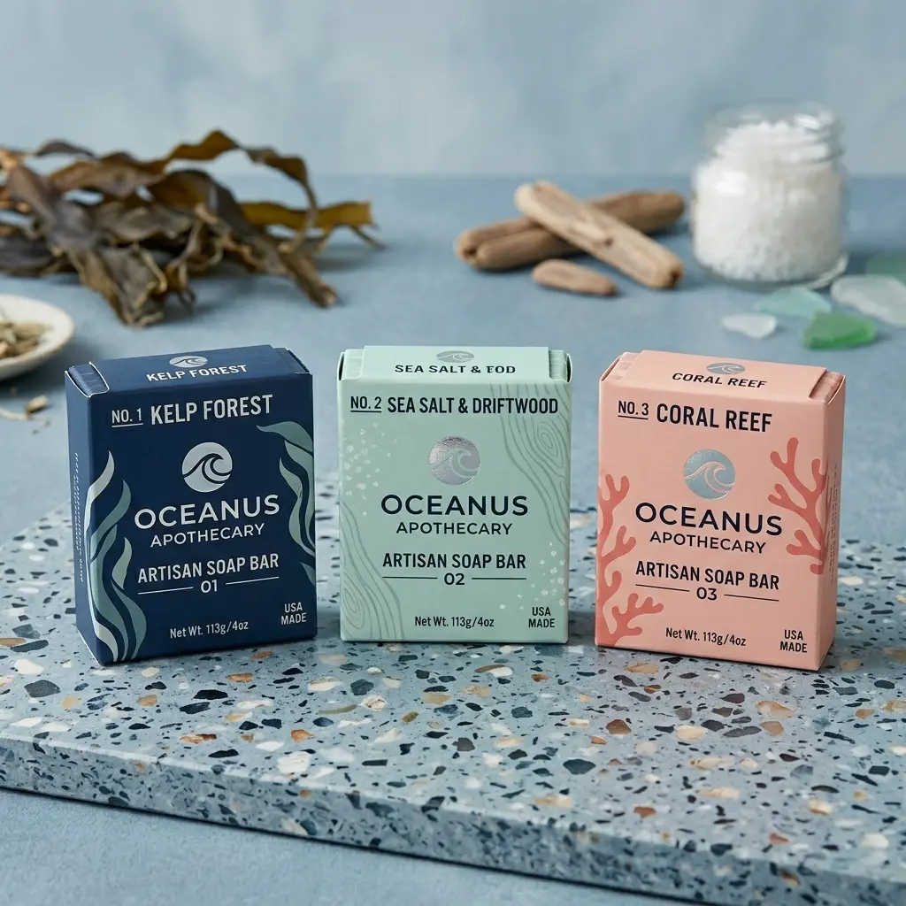Three ocean-themed artisan soap bars by Oceanus Apothecary in navy, mint green, and coral packaging on speckled granite surface with kelp, driftwoo...