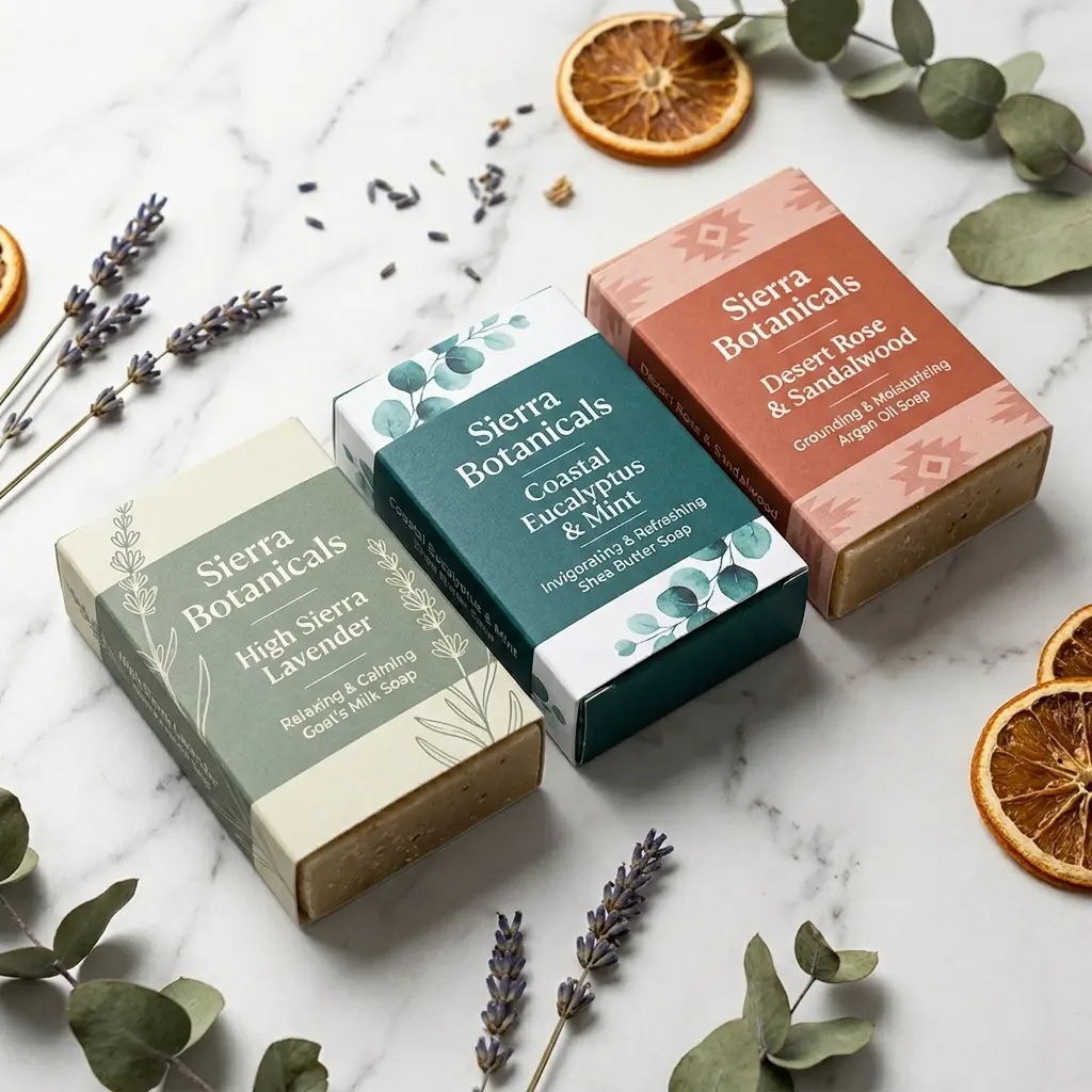 Three Sierra Botanicals natural soap bars with botanical packaging on white marble surface surrounded by dried lavender, eucalyptus leaves, and ora...