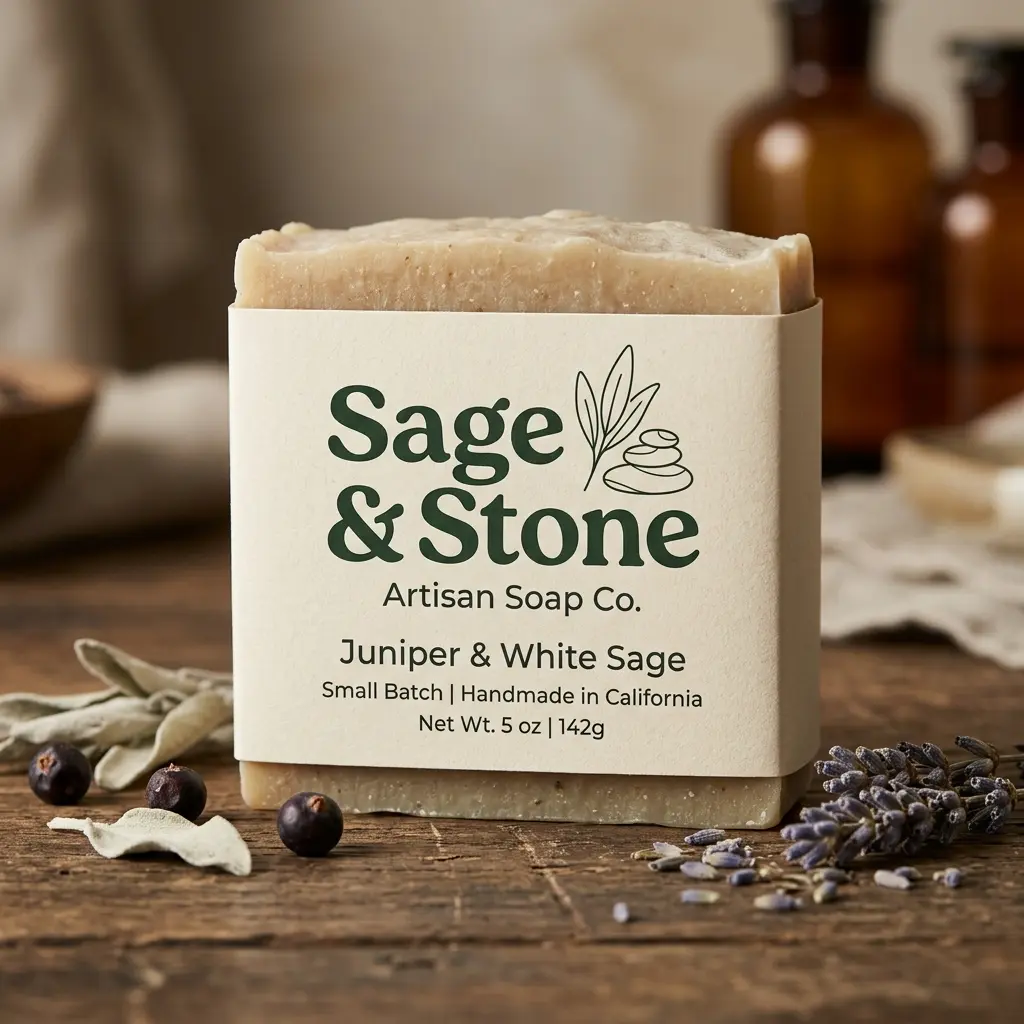 Sage & Stone artisan soap bar with natural packaging on rustic wooden surface surrounded by juniper berries and white sage leaves
