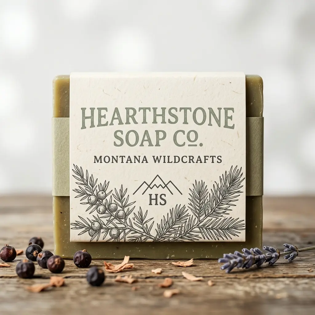 Handcrafted soap bar with natural packaging label surrounded by juniper berries and lavender on rustic wooden surface