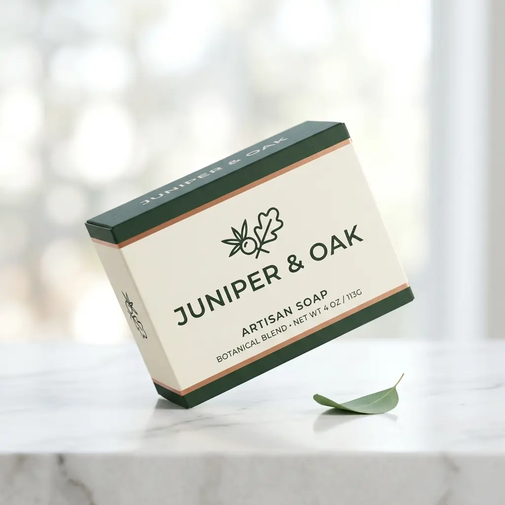 Juniper & Oak artisan soap packaging box in green and cream colors on white marble surface with eucalyptus leaf accent