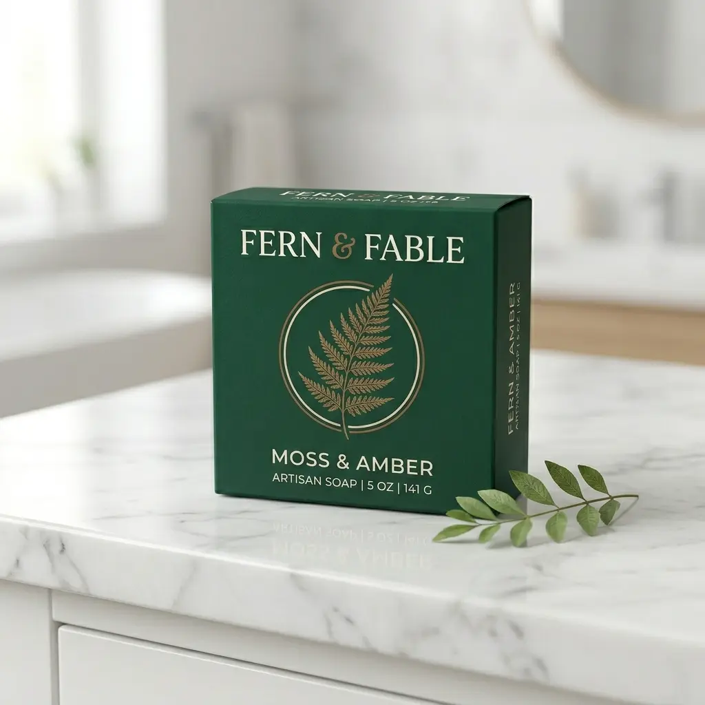Fern & Fable moss amber artisan soap packaging on white marble surface with green botanical sprig in bright kitchen