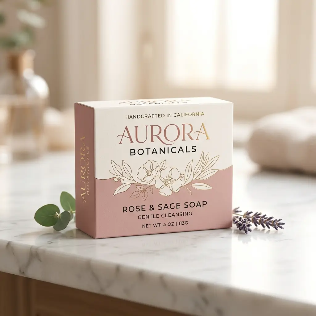 Aurora Botanicals rose sage soap packaging on marble counter with lavender eucalyptus natural botanical skincare branding