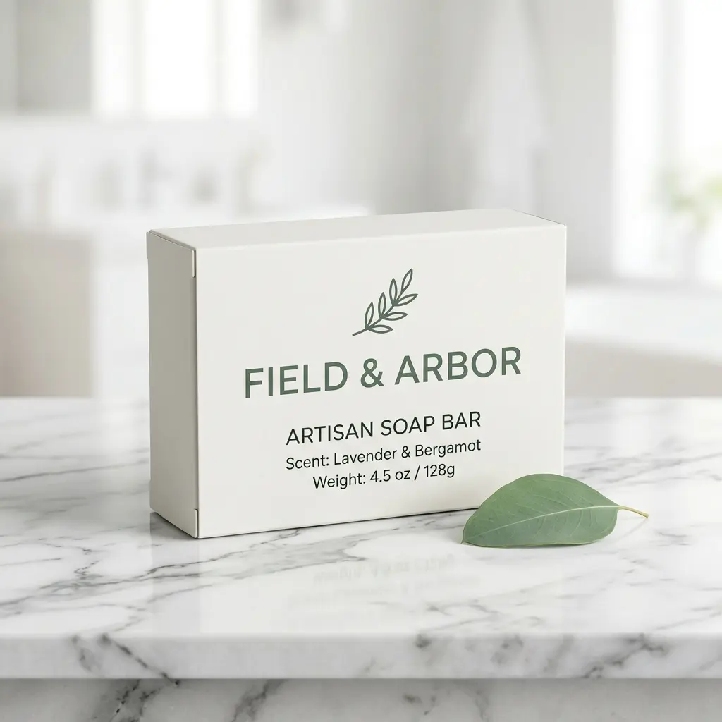 White minimalist soap packaging box for Field & Arbor artisan lavender bergamot bar on marble counter with green leaf accent