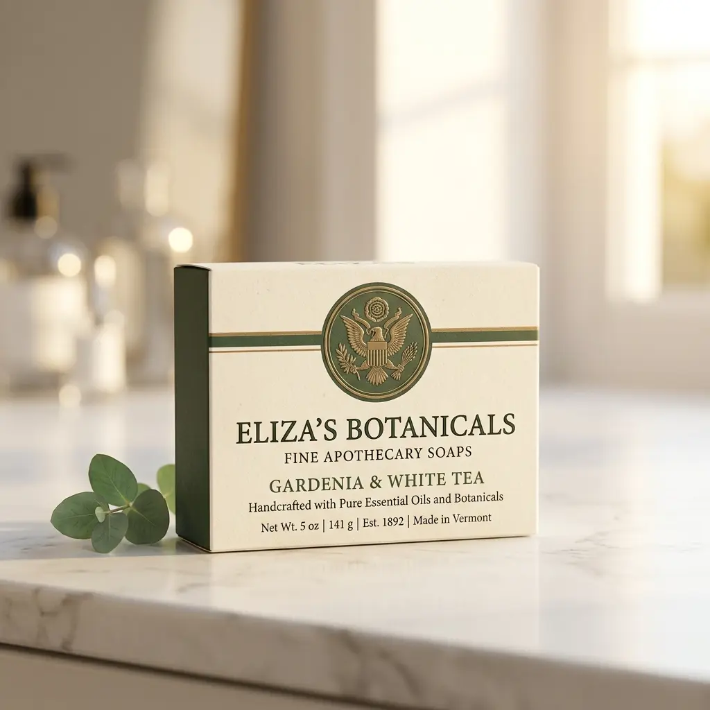 Elegant cream and green Eliza's Botanicals gardenia white tea soap packaging box on marble countertop with eucalyptus leaves in soft bathroom lighting