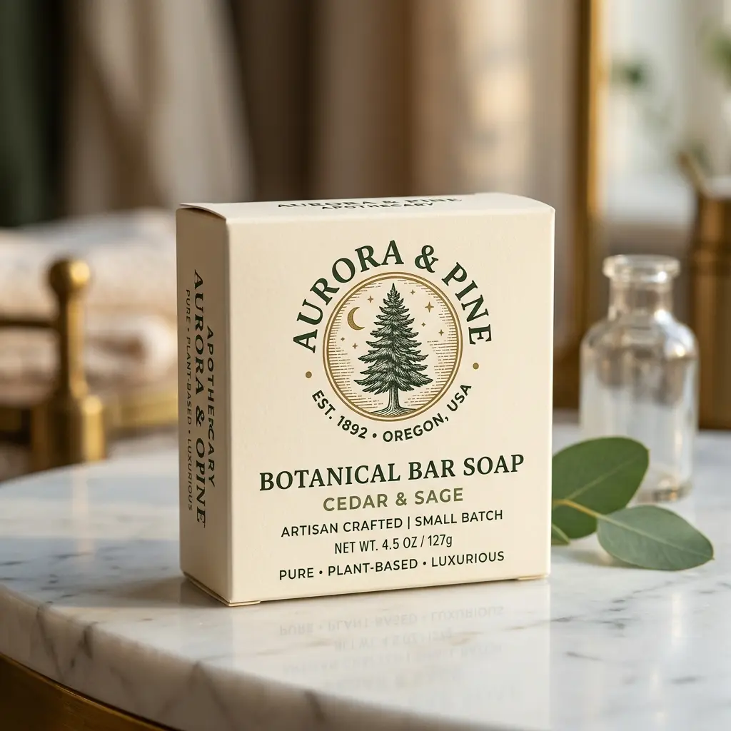 Aurora & Pine botanical bar soap in cedar sage scent on white marble counter with glass bottle and eucalyptus leaves