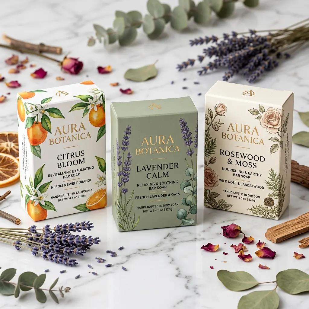 Three Aura Botanica handcrafted bar soap boxes - Citrus Bloom, Lavender Balm, and Rosewood & Moss - surrounded by dried lavender, rose petals, euca...