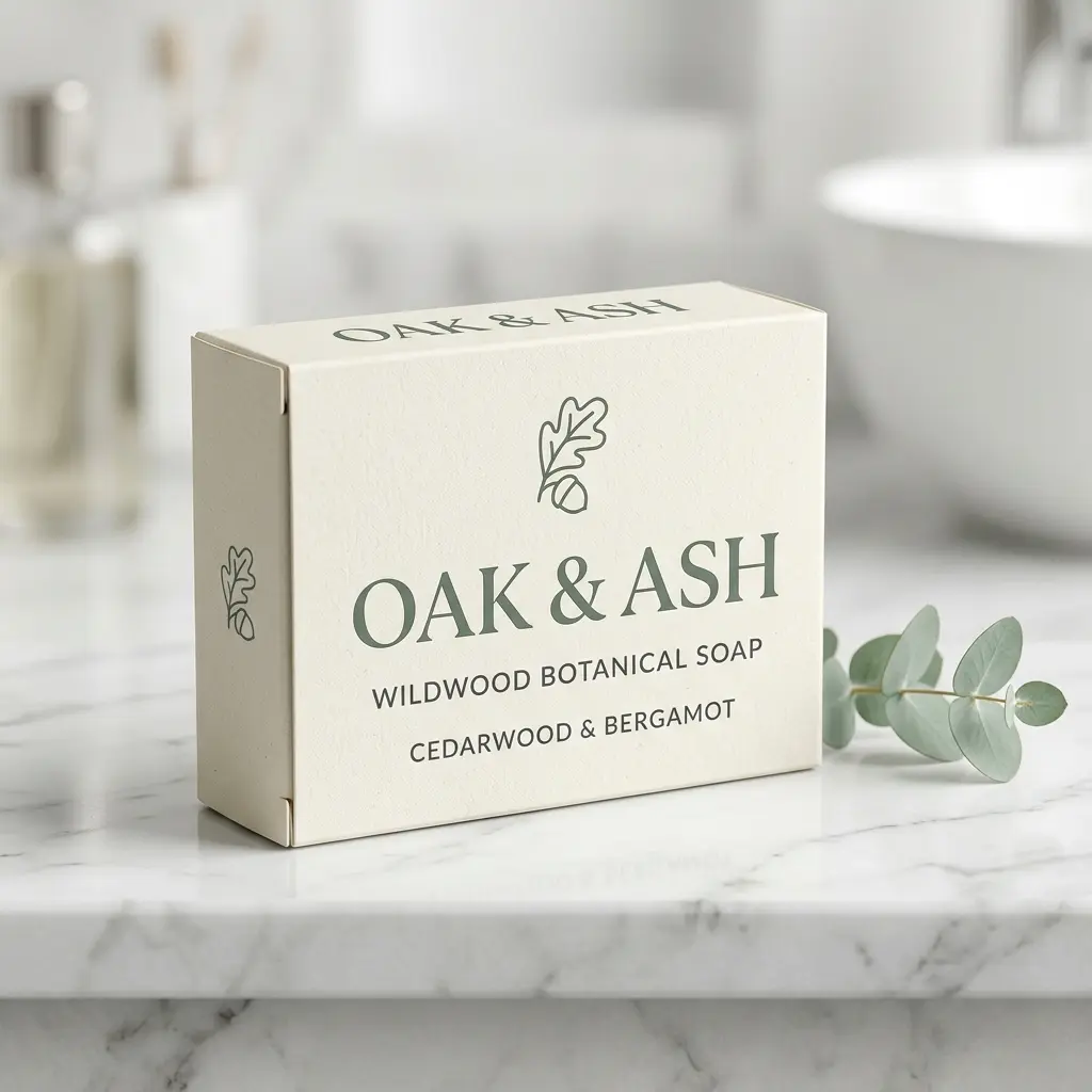 Oak & Ash wildwood botanical soap packaging in cream box with cedarwood bergamot scent on white marble bathroom counter