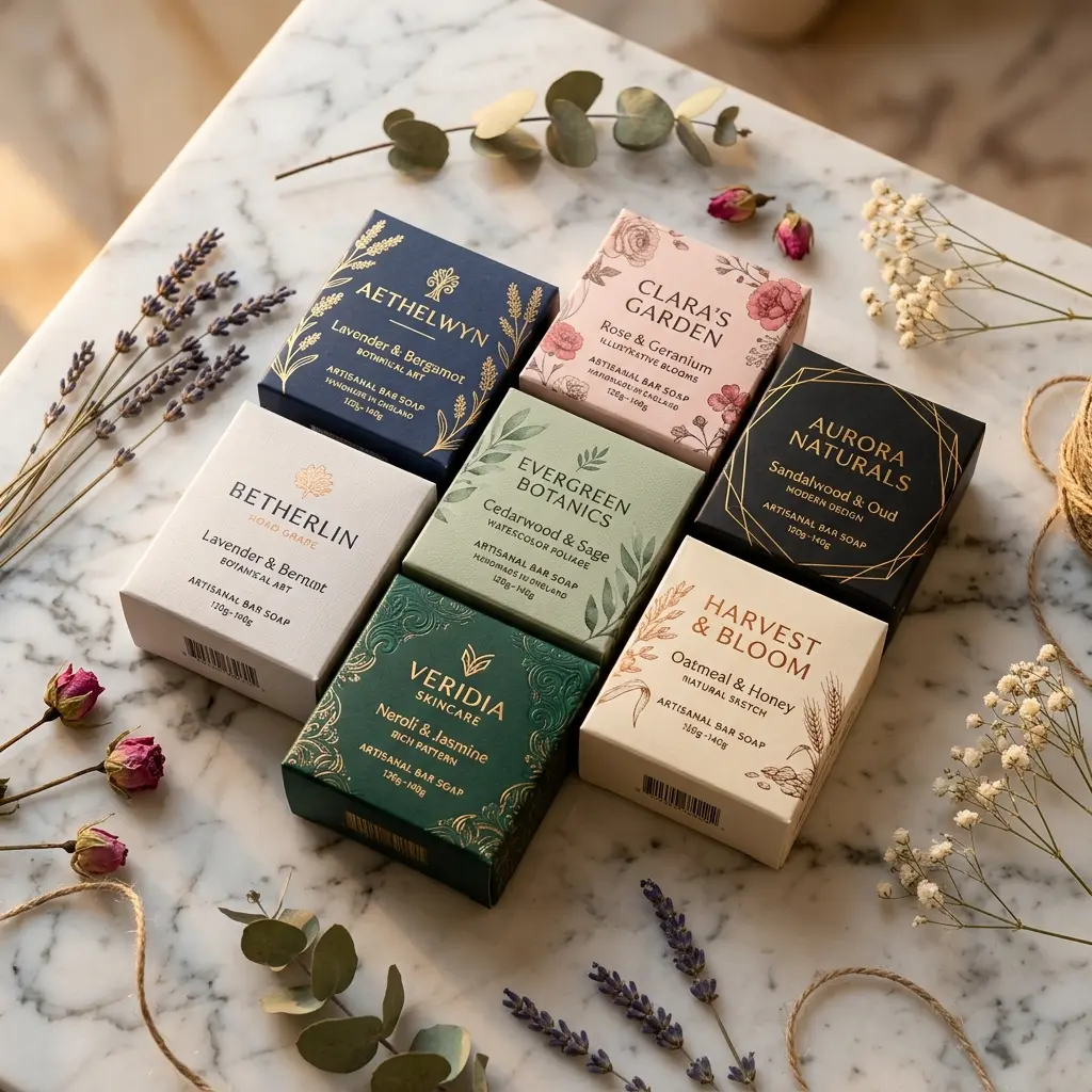 Artisanal soap packaging boxes with botanical designs on marble surface surrounded by dried lavender, eucalyptus and flowers