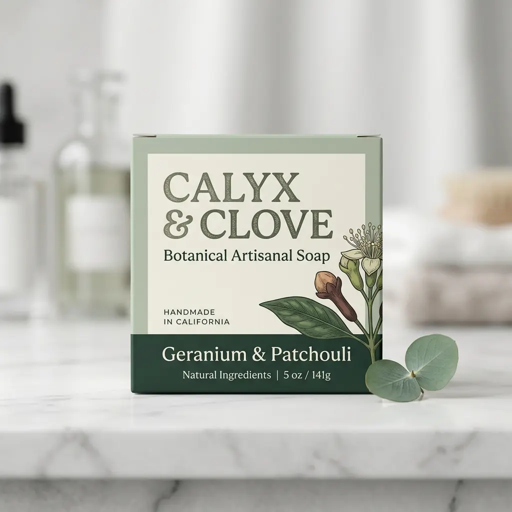 Calyx & Clove botanical artisanal soap box in sage green with geranium patchouli scent on white marble bathroom counter