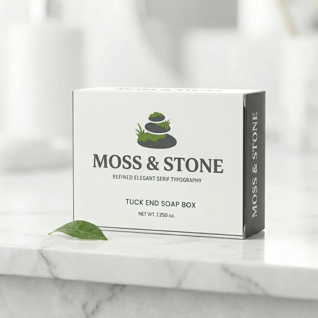 Elegant white soap packaging box for Moss & Stone brand on marble surface with green leaf accent and minimalist design