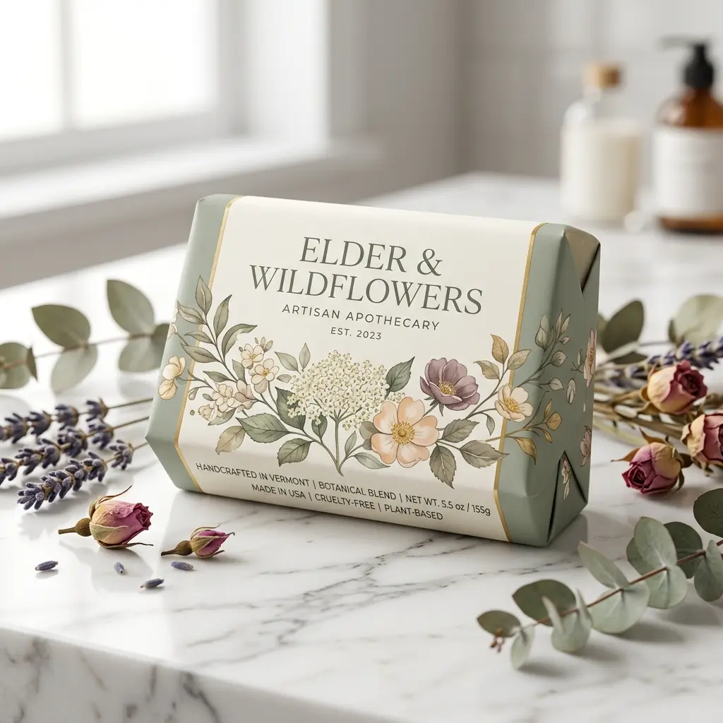 Luxury artisan soap packaging for Elder & Wildflowers brand with botanical floral design surrounded by dried lavender and roses on marble surface