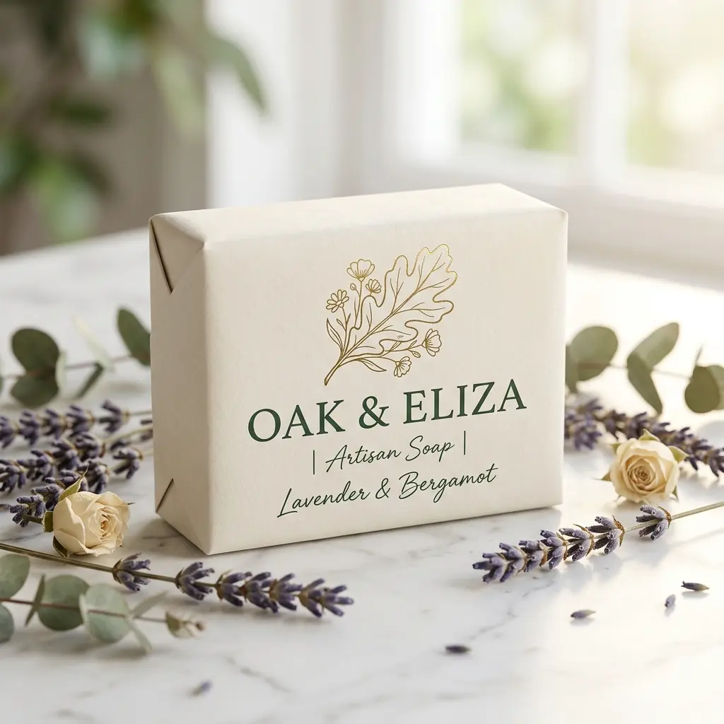 Elegant cream soap packaging box with Oak & Eliza lavender bergamot branding surrounded by dried lavender sprigs and white roses on marble surface
