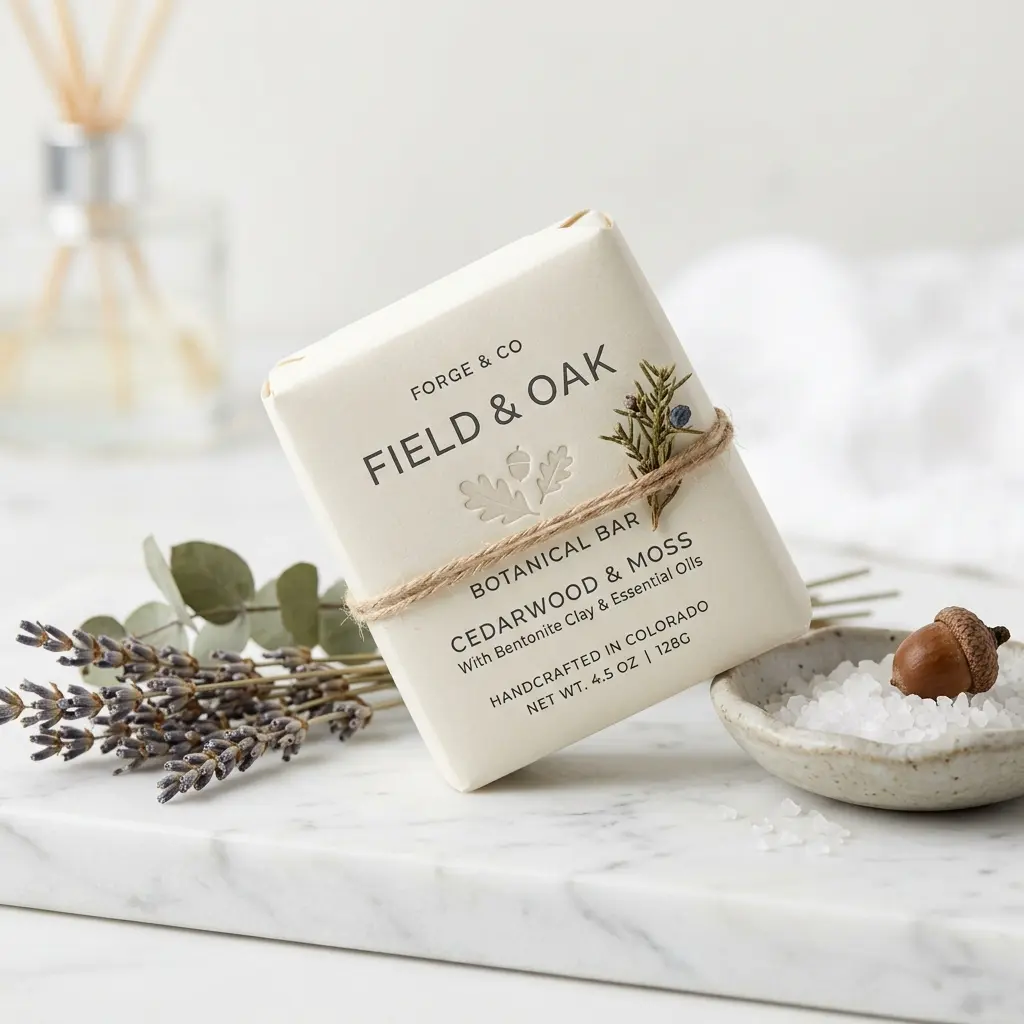 Field & Oak cedarwood moss botanical soap bar with twine wrap on white marble surface with lavender sprigs and salt bowl