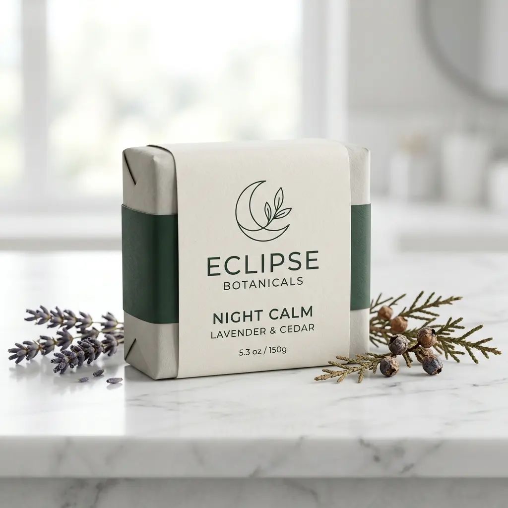 Eclipse Botanicals Night Calm lavender cedar soap bar in green white packaging on marble surface with lavender sprigs and cedar branches