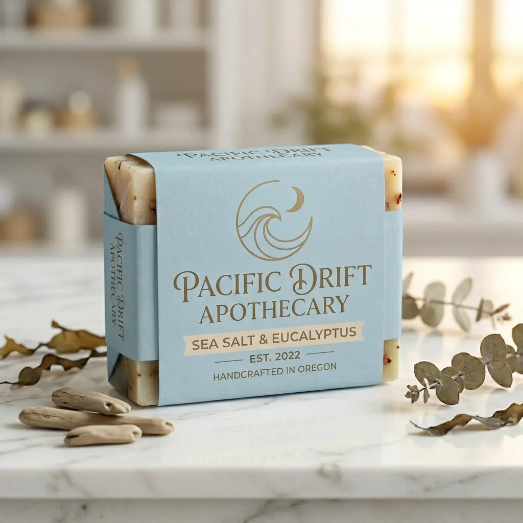 Pacific Drift Apothecary sea salt eucalyptus soap bar in light blue packaging on white marble surface with eucalyptus leaves