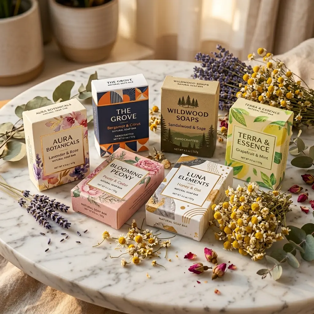 Natural soap bars with botanical packaging design on marble tray featuring lavender, chamomile flowers and eucalyptus leaves in warm sunlight