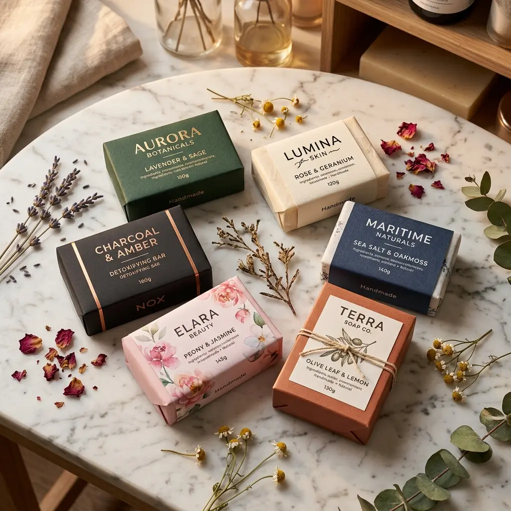 Luxury handmade soap bars with botanical packaging arranged on white marble table with dried flowers and natural elements