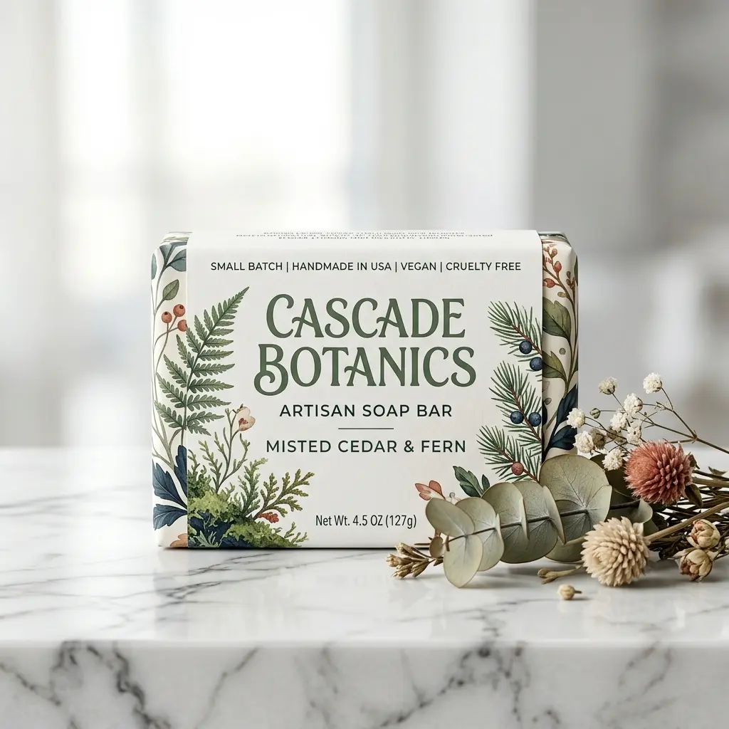 Cascade Botanics artisan soap bar packaging with botanical fern design on marble surface with dried flowers and eucalyptus
