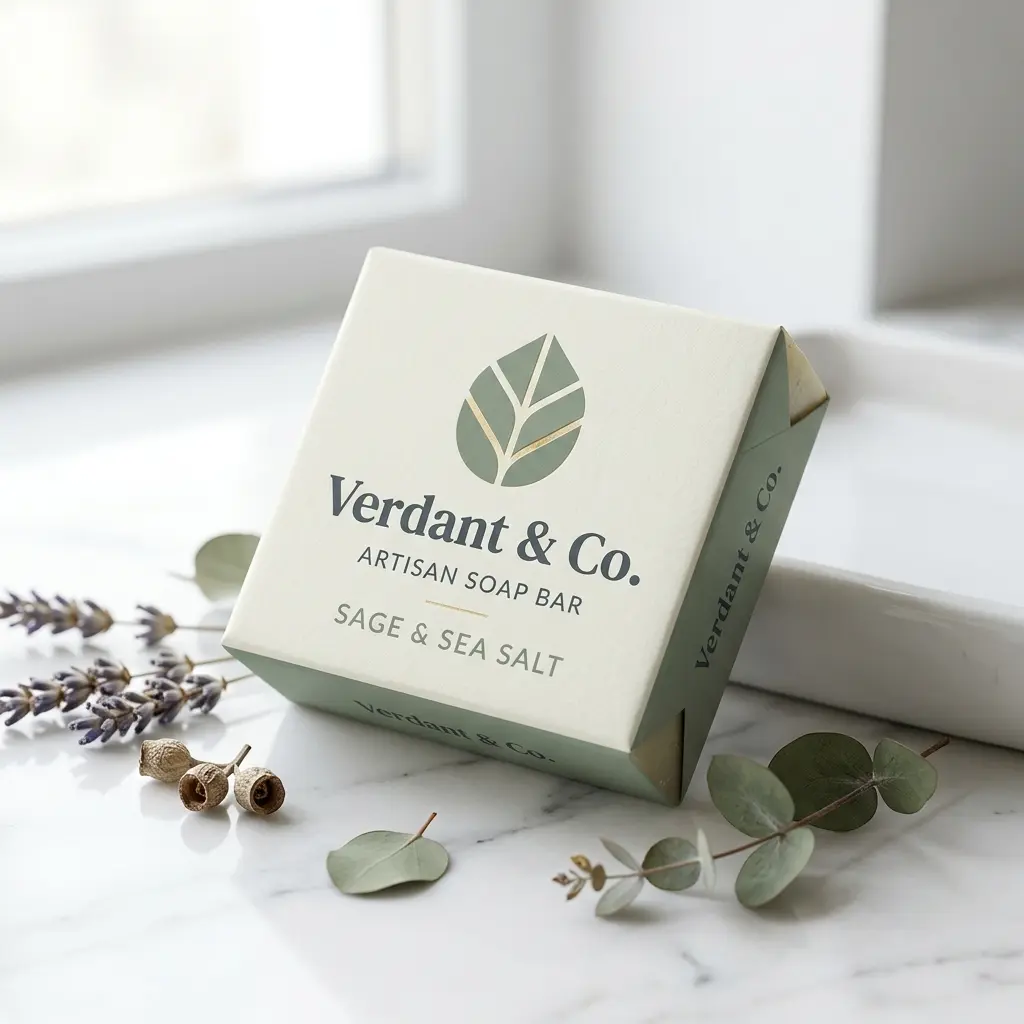 Verdant & Co. sage sea salt artisan soap bar packaging on marble surface with eucalyptus leaves and lavender sprigs
