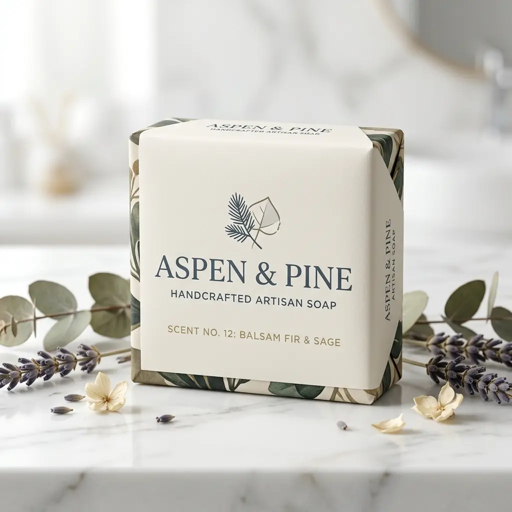 Handcrafted Aspen & Pine artisan soap in elegant white packaging with botanical leaf design, surrounded by lavender sprigs and eucalyptus on marble...