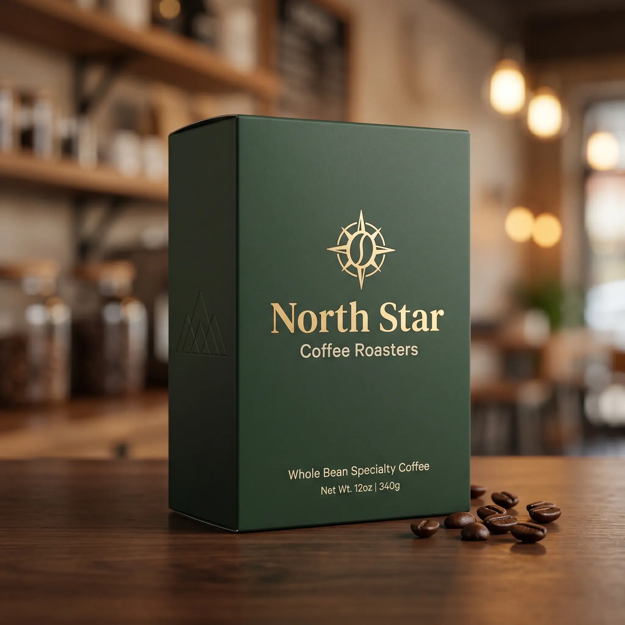 Green North Star Coffee Roasters specialty coffee packaging box with compass logo on wooden table with scattered coffee beans in warm cafe setting