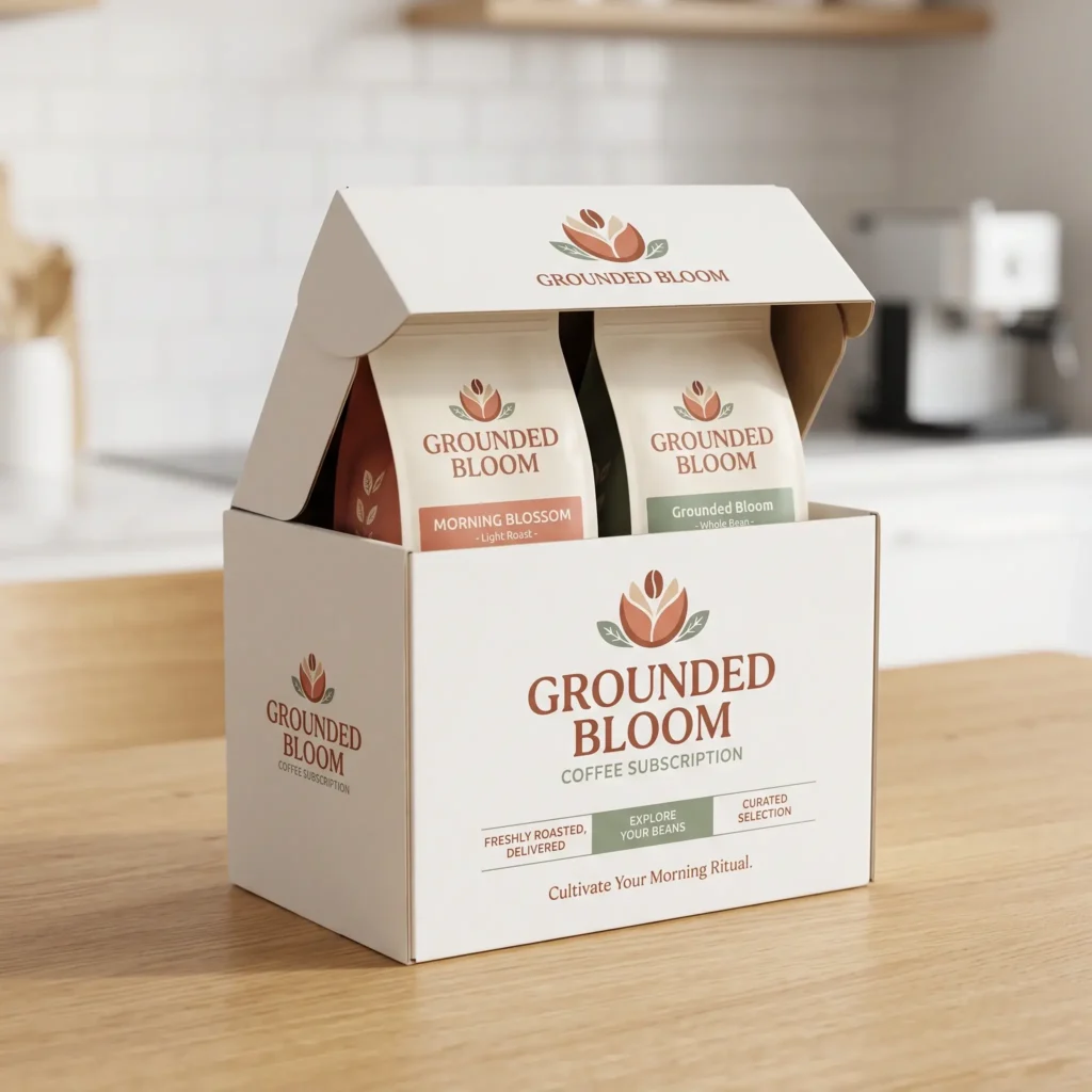 White coffee subscription packaging box with Grounded Bloom branding displaying two coffee bags on wooden counter in bright kitchen